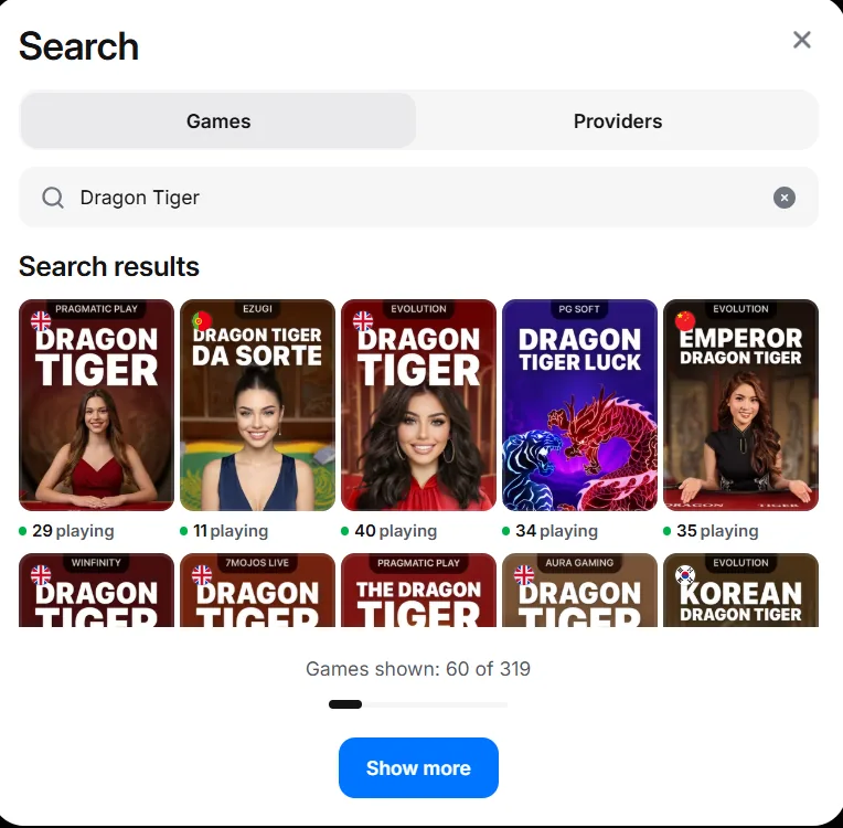 1Win search for Dragon Tiger, mixing live tables and slots