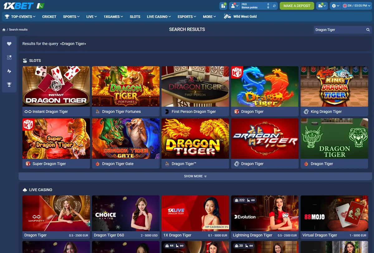 1xBet search results for Dragon Tiger, with 1X Dragon Tiger among the live tables