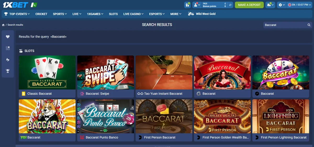 RNG baccarat games at 1xBet, including Classic Baccarat and Baccarat Punto Banco