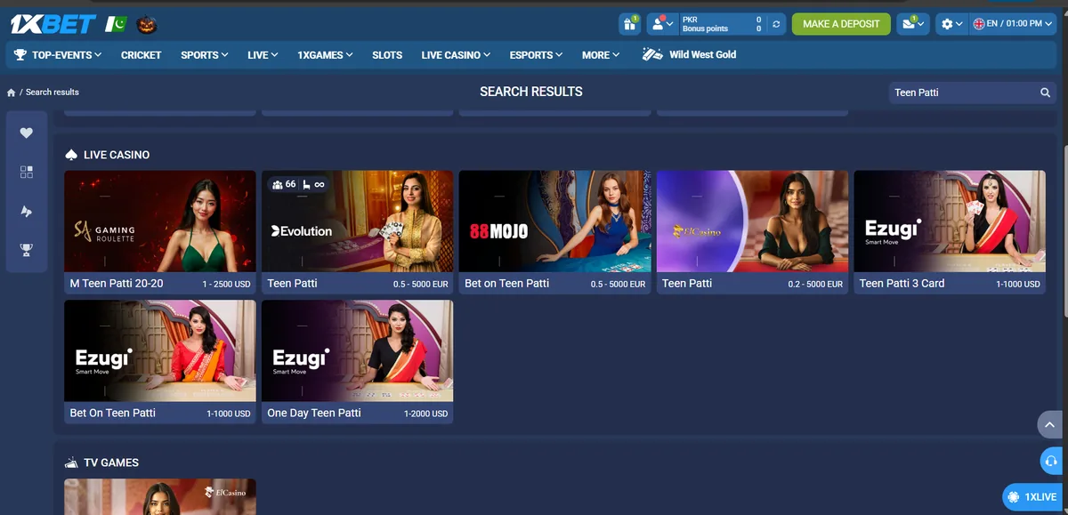 1xBet search for Teen Patti: seven live tables and the ElCasino Teen Patti TV game