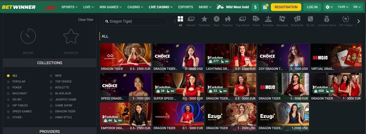 Betwinner live casino search for Dragon Tiger: 14 live tables