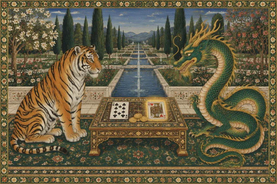 Illustration in the style of a Pakistani miniature painting: a dragon and a tiger facing each other over two playing cards