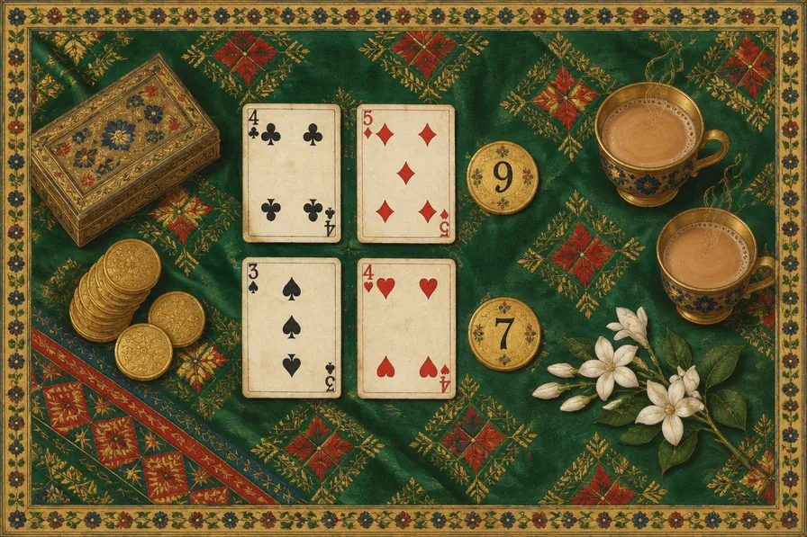 Illustration in the style of a Pakistani miniature painting: a baccarat hand with a natural 9 for Player