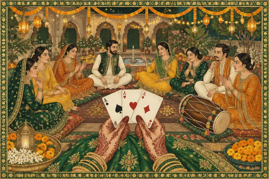 Illustration in the style of a Pakistani miniature painting: a family plays Teen Patti at a wedding night