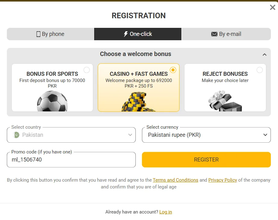 Melbet registration form for Pakistan with the Reject bonuses option