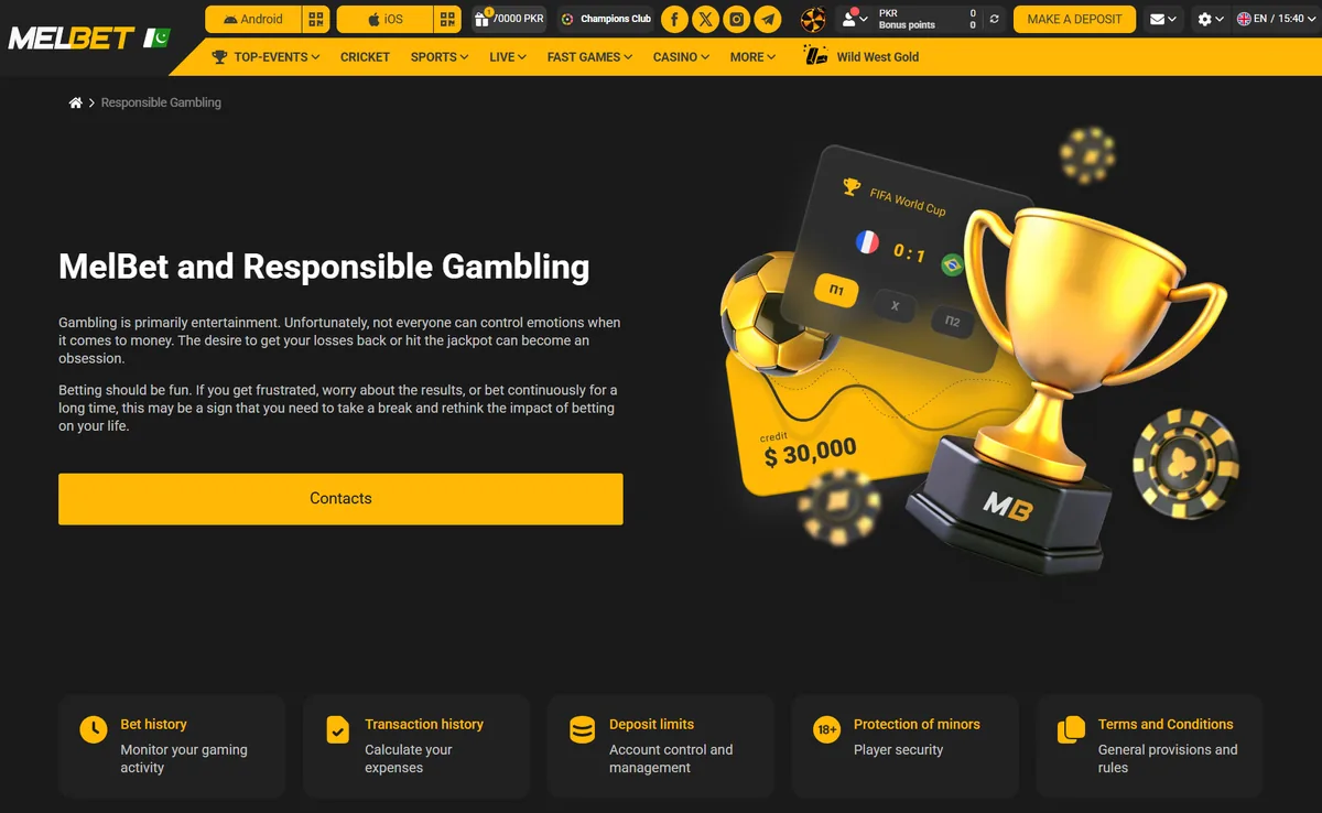 Melbet responsible gambling page for a PKR account with bet history, transaction history and deposit limits