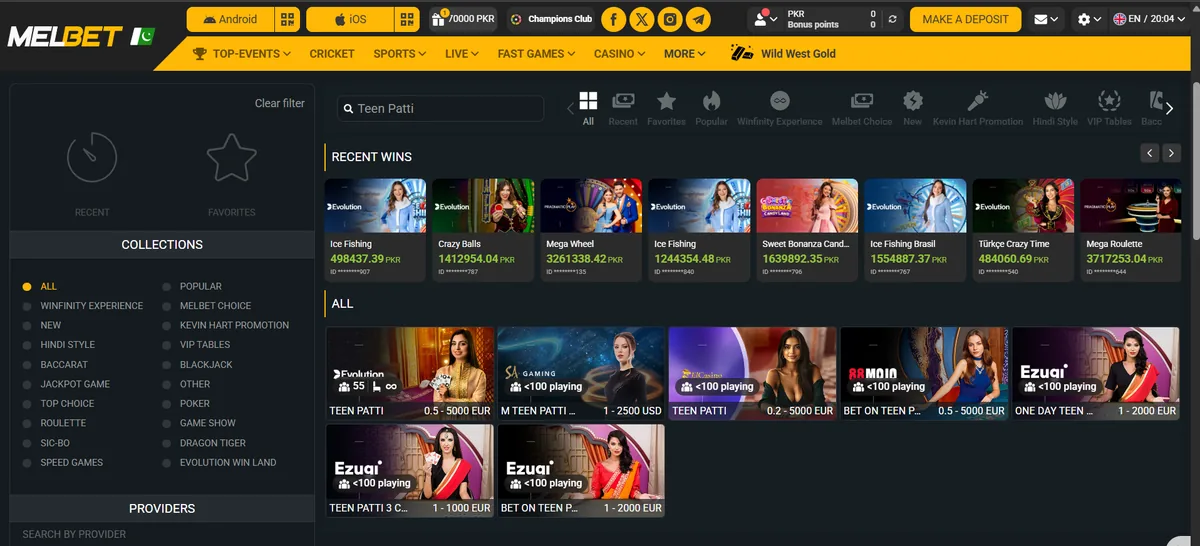 Melbet live casino search for Teen Patti on a PKR account: seven live tables from Evolution, Ezugi, SA Gaming, 88 Mojo and ElCasino
