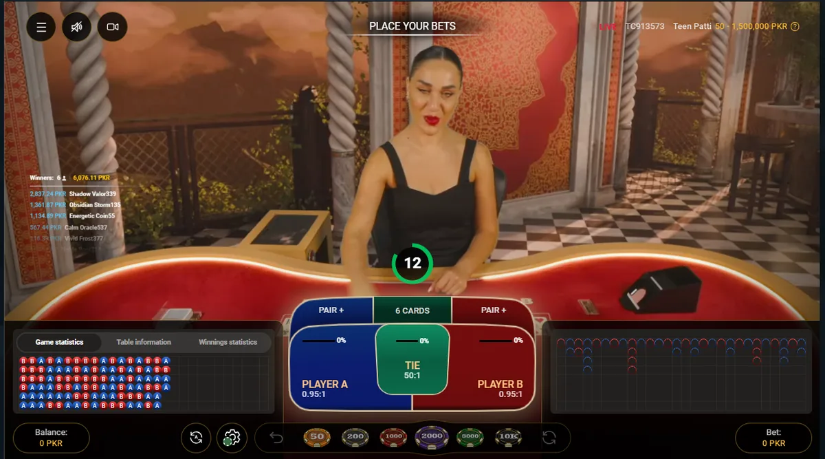 Live Teen Patti table at Mostbet: Player A and Player B pay 0.95 to 1, Tie pays 50 to 1, limits Rs 50 to Rs 1,500,000