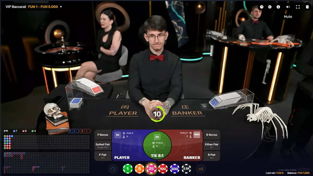 Live VIP Baccarat table: Player, Banker, Tie 8 to 1 and pair bets 11 to 1 on the betting grid